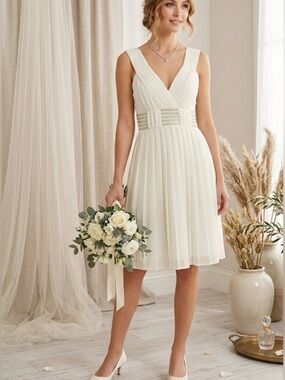 Morgan de toi: Ivory Pleated V-Neck Midi Dress with Beaded Waist